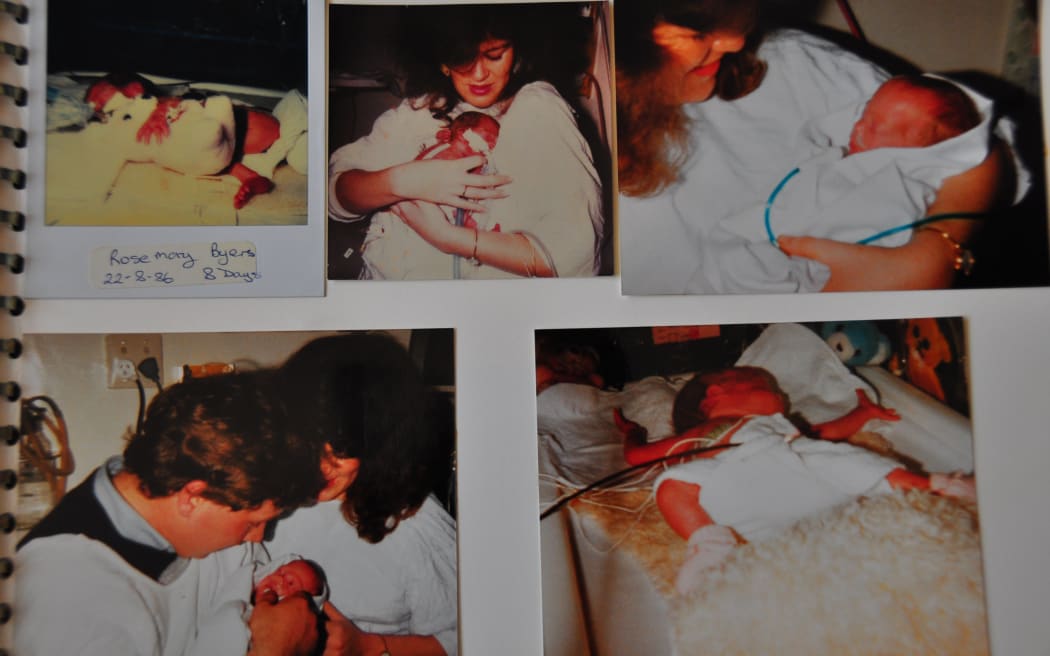 A series of photographs showing Rosie Peck as a baby. The top left image shows her at eight days old, next to a 7cm tall teddy.