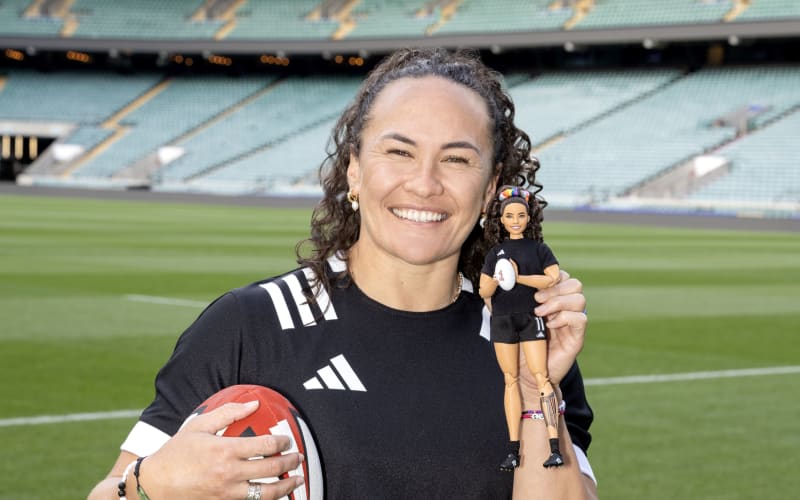 Black Ferns player Portia Woodman-Wickliffe and Barbie doll.
