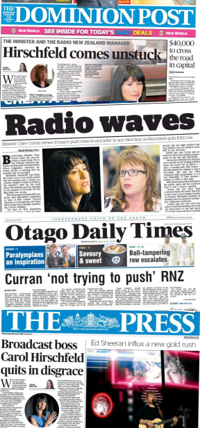 The RNZ resignation was front page news for four metropolitan daily papers on Wednesday.