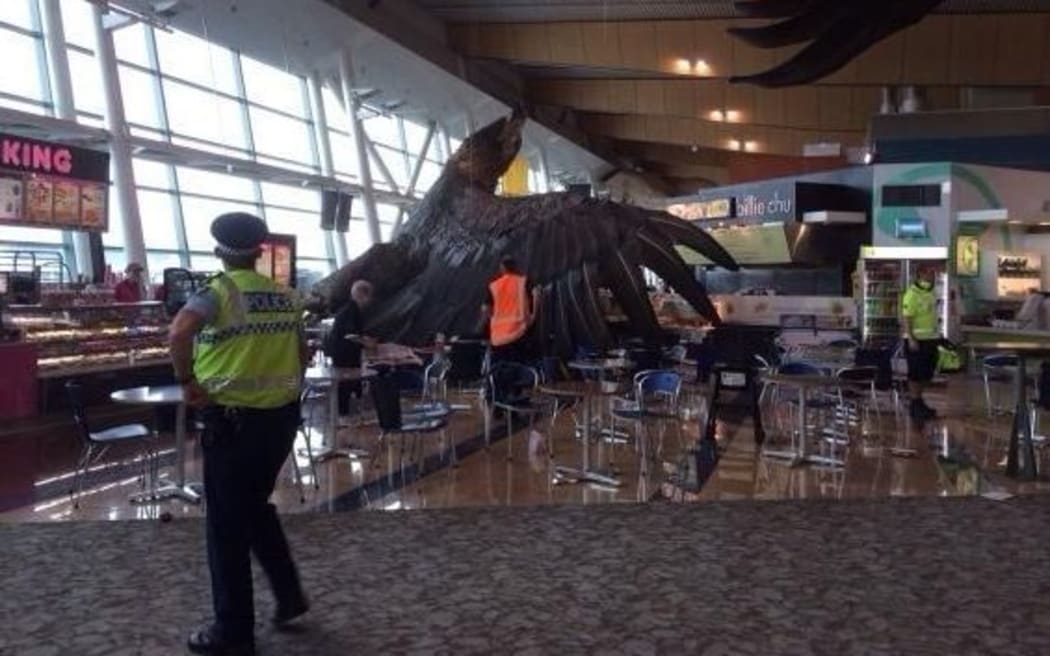 The eagle sculpture fell during an earthquake.