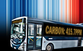 Bus against background of climate stripes