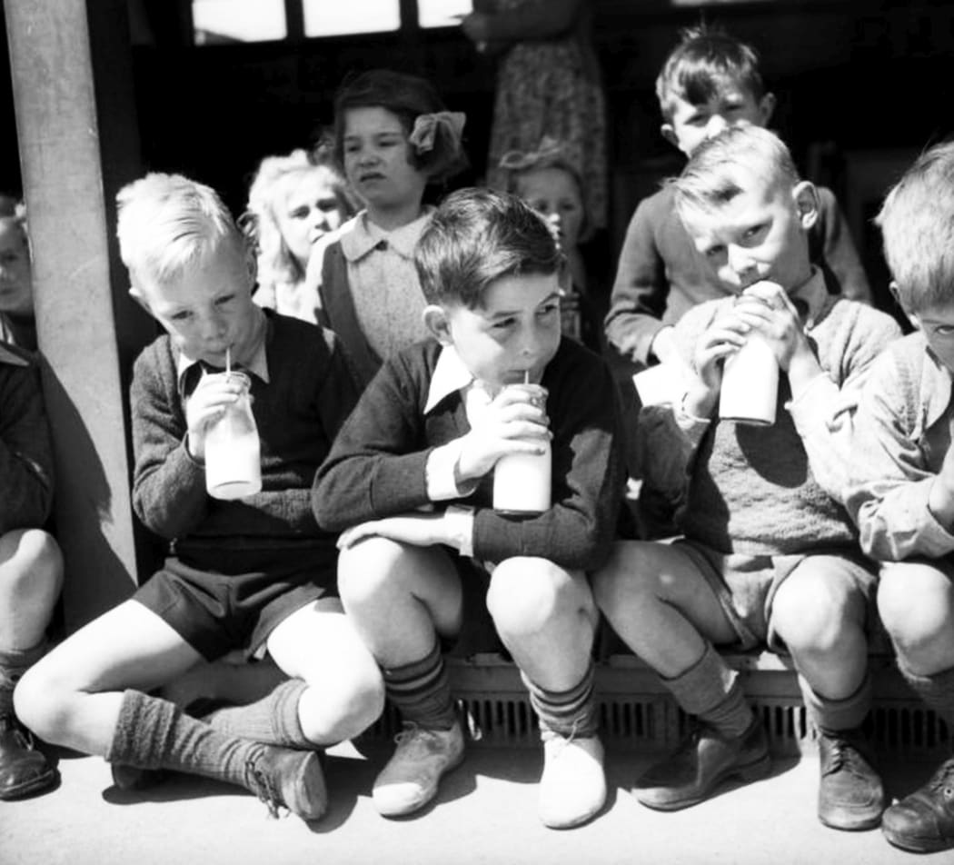 Pupils drinking their school milk in the 1940s in Christchurch