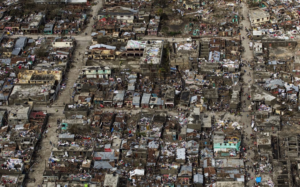 An aerial view over the town of storm-ravaged Haitian city of Jeremie.