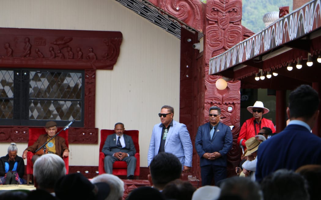 Hone Mihaka of Te Arawa at the Hui-ā-Iwi, at Tūrangawaewae Marae.