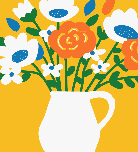 An illustration of a white vase of white, orange and blue flowers.