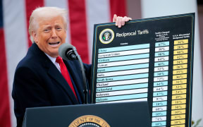 US President Donald Trump holds up a chart while speaking during a “Make America Wealthy Again” trade announcement event in the Rose Garden at the White House on April 2, 2025 in Washington, DC.