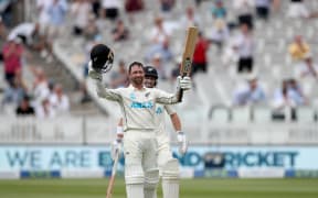 Devon Conway raises his bat as he reaches 100 in Test debut.
Lord's 2021.