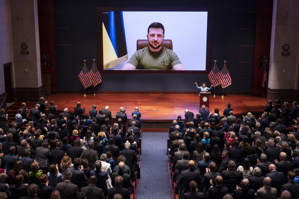 Ukrainian President Volodymyr Zelenskyy speaks to the US Congress by video to plead for support as his country is besieged by Russian forces at the US Capitol on 16 March 2022 in Washington, DC.