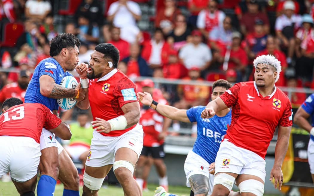 The 'Ikale Tahi against Manu Samoa during their Pacific Nations Cup 2025 campaign and 2027 Rugby World Cup qualifier match in Nuku'alofa on Saturday, 23 August 2025.