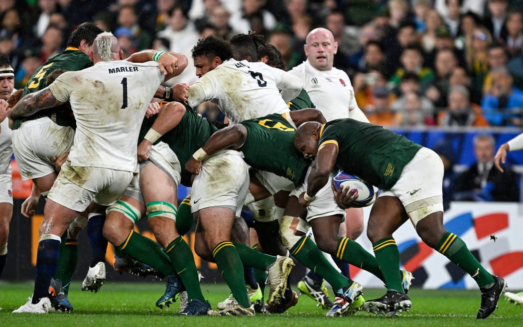 Mbongeni Mbonambi of South Africa with the ball during the World Cup semi-final against England.