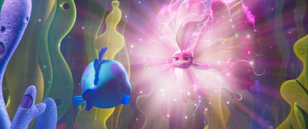 A still from the animation film Pout-Pout Fish showing the character Shimmer glowing pink and with sparkles and lighting from behind her.
