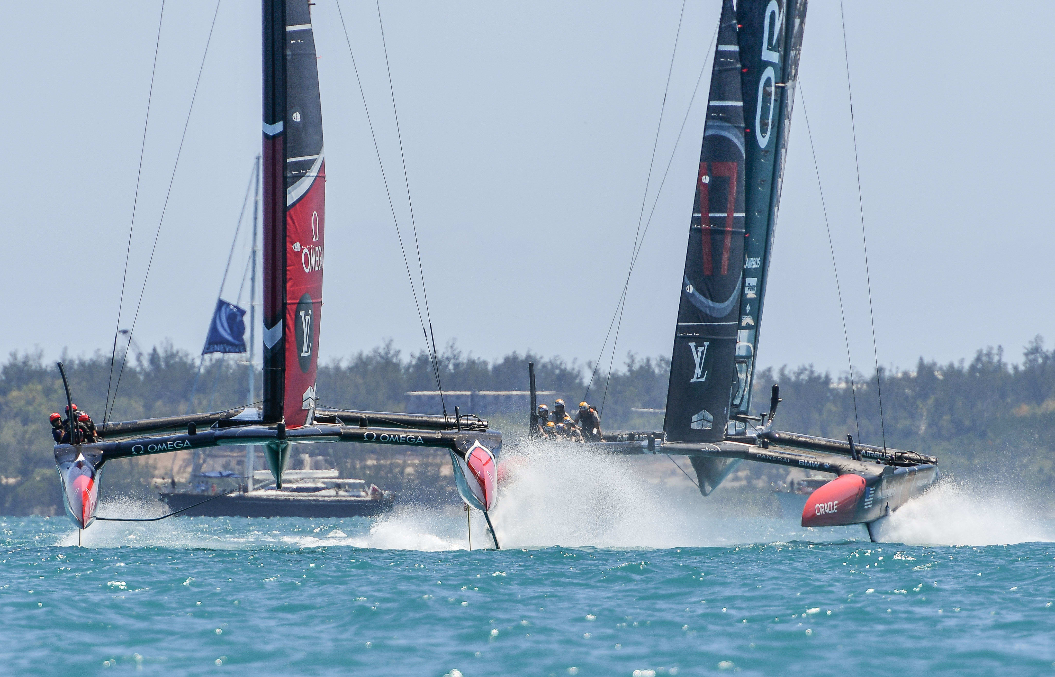 Team New Zealand skippered by Peter Burling races against Oracle Team USA skippered by Jimmy Spithill, Day 2 of the Cup match, 18th (19thNZ) June.