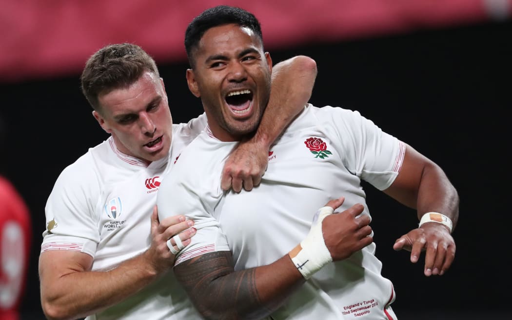 Manu Tuilagi of England reacts after trying in the first half of the Pool C match in the 2019 Rugby World Cup Japan against Tonga.