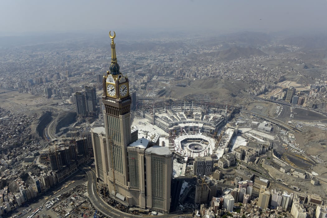 An aerial view shows the Clock Tower and the Grand Mosque in Saudi Arabia's holy Muslim city of Mecca on September 25, 2015.