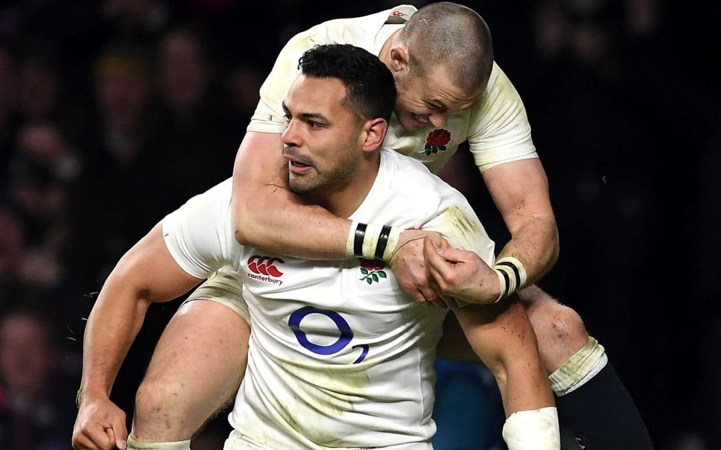 Ben Te'o of England celebrates his try Mike Brown.