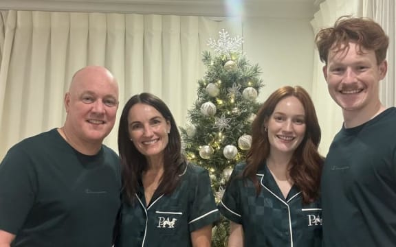 A photo shared by Christopher Luxon of himself, his wife Amanda, his daughter Olivia, and son William wearing matching pyjamas.