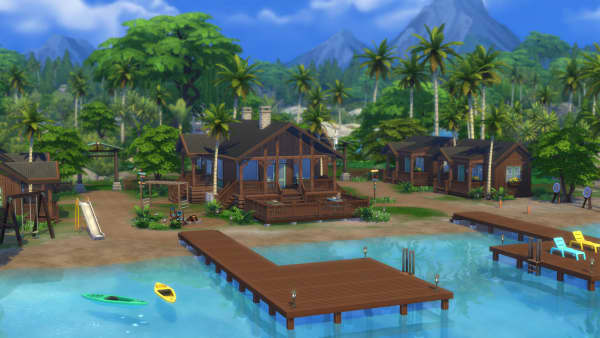 A screenshot from The Sims 4 Adventure Awaits showing a lakeside house.