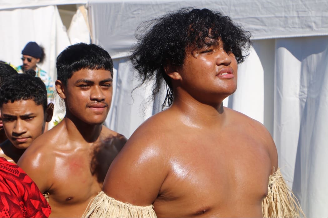 The Niue team from Alfriston College at Polyfest 2021 gets ready for the stage.