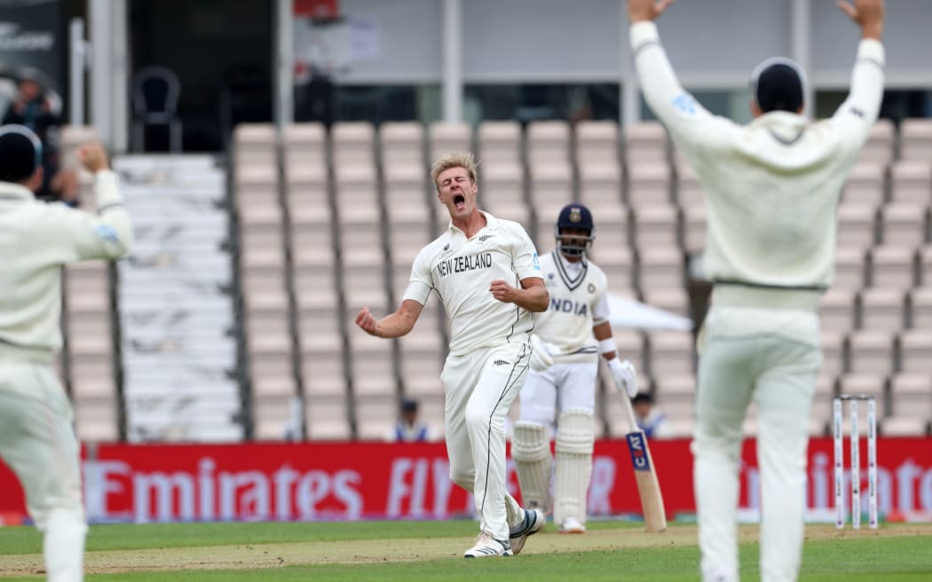 Bowler Kyle Jamieson celebrates the lbw of Virat Kohli.