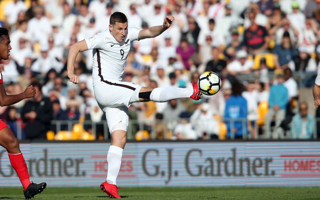 New Zealand's Chris Wood shoots. FIFA World Cup Qualifier, All Whites v Peru, Westpac Stadium, Wellington, 2017