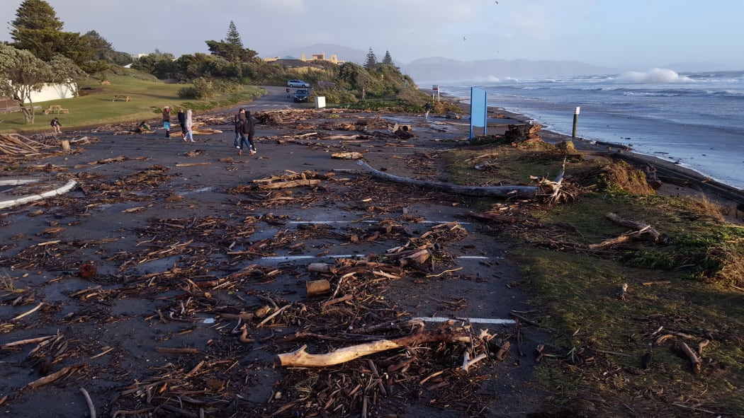 The car park at Raumati beach on the Kāpiti Coast showing the effects of high seas and gale force winds.