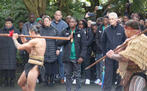 Zambia team welcomed to Tūrangawaewae Marae at Ngāruawāhia.