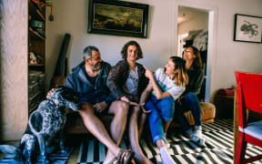 (L-R) Nina, Francisco Blaha, Felix Blaha, Kika Blaha, Vibeke Brethouwer in their home on Waiheke Island.