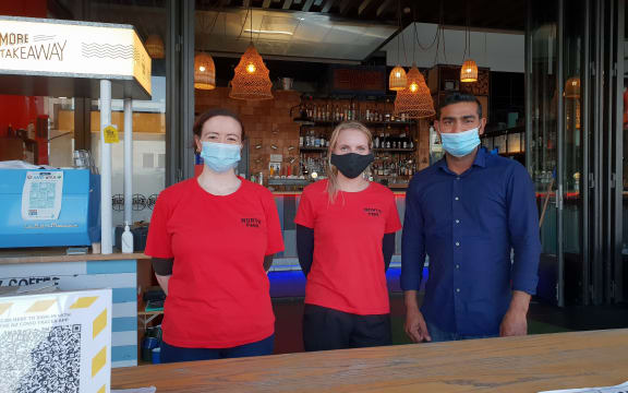Waitresses Jenny Stewart, Tatyana Kelenc and bar manager Shiv Kumar at the North Park restaurant on Wynyard Quarter