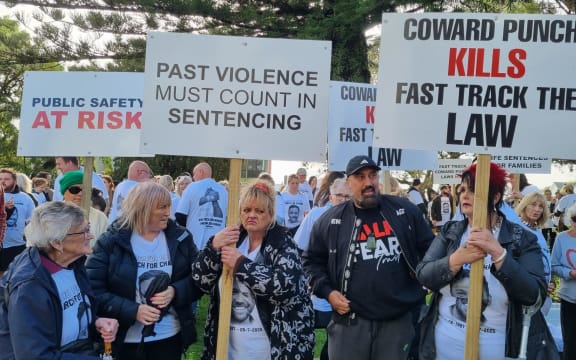 Protesters gathered outside the New Plymouth Court for the sentencing of Daytona Thompson for the manslaughter of Daniel Nganeko who died following a one-punch attack.