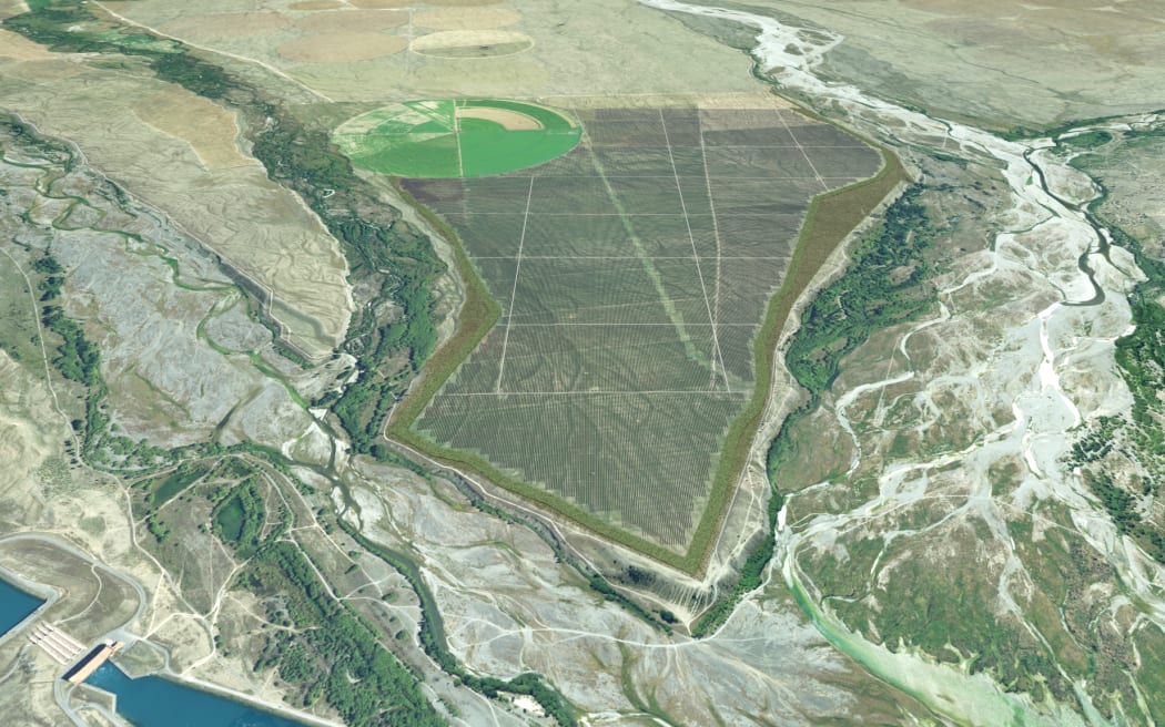 A 3D model showing solar panel layout and the 89ha restoration area around the perimeter. Ohau C hydro power station can be seen at bottom left.