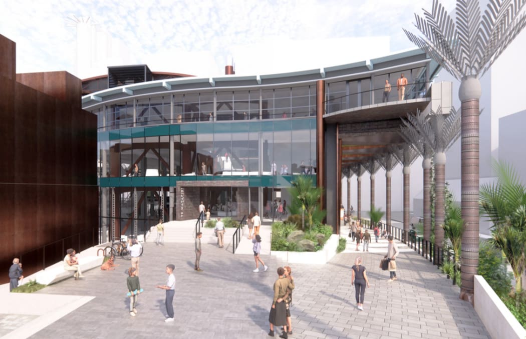 An artist's impression of the Harris Street entrance of the revamped Wellington City Library, Te Matapihi ki te Ao Nui.