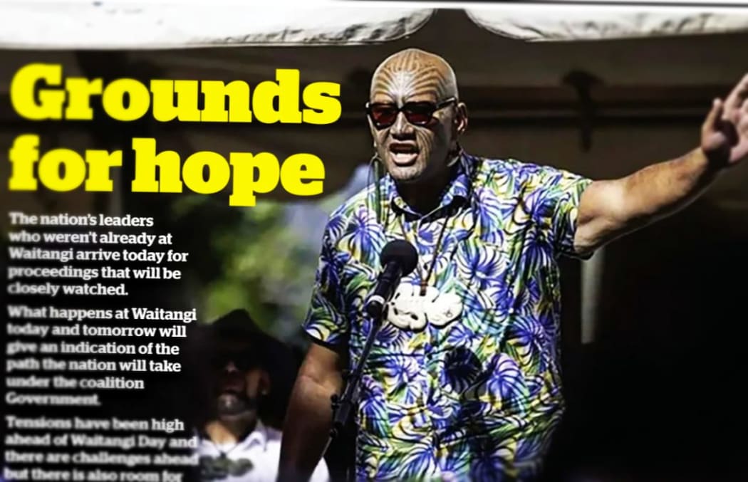 The front page of the New Zealand Herald last Monday - the day political leaders spoke at Waitangi.