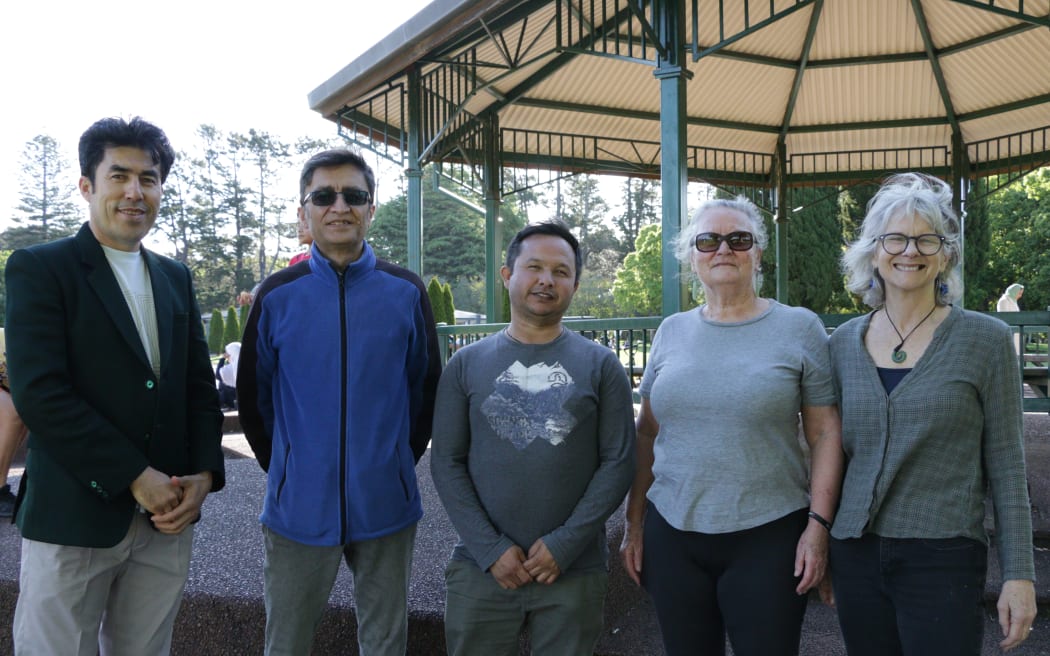 Timatanga Hou board members, from left, Reza Siar, Amir Foladi, Gul Hussain Baizada, Suzanne Loughlin, and Harriet Sewell pictured at Cornwall Park, Auckland, on 20 October, 2024. Fellow board member Amina Hasanpur was absent.