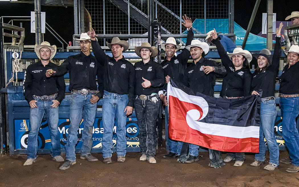The Invitational Indigenous New Zealand Māori rodeo team pictured left to right: Mervyn Church, Haami Boynton, Callum Tahau, Kiwa Halley, Brett McCorkindale, Leeroy Church, Ariana Halley, Jayde Asher and Lani Jackson
