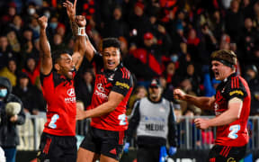 Sevu Reece of the Crusaders Leicester Faingaanuku of the Crusaders and Scott Barrett of the Crusaders celebrates Cullen Grace of the Crusaders try during the Super Rugby Pacific Semi Final match, Crusaders Vs Chiefs, at Orangetheory Stadium, Christchurch, New Zealand, 10th June 2022. Copyright photo: John Davidson / www.photosport.nz