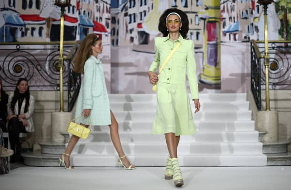 Models present creations during a catwalk presentation for the Paul Costelloe Spring/Summer 2025 collection, at London Fashion Week in London, on September 13, 2024.