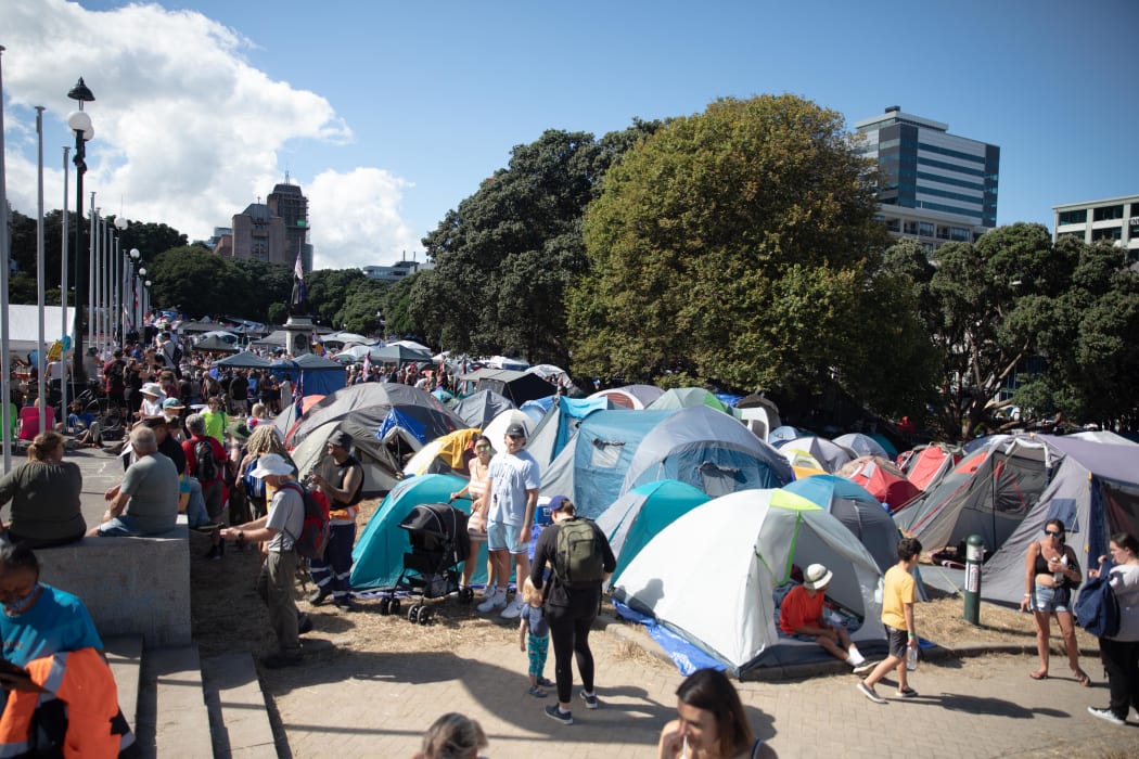 Anti-vaccine, anti-mandate protest in Wellington on Parliament grounds on 16 February 2022.