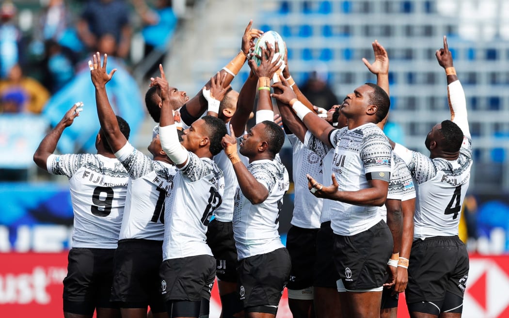 Fiji huddle together during the Los Angeles leg of the World Sevens Series.