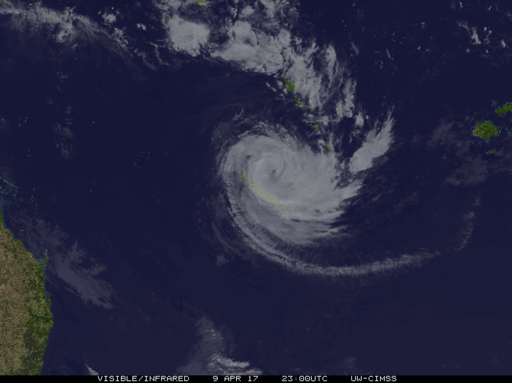Visible infrared satellite animation of Cyclone Cook spanning 1:30-4:00 UTC time on the 10th of April 2017.
