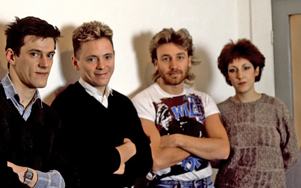 New Order circa 1982 (Left to right Stephen Morris, Bernard Sumner, Peter Hook and Gillian Gilbert)