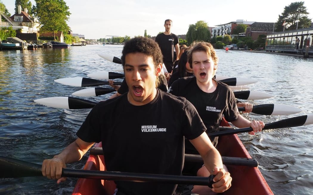 Members of Leiden University’s Njord Royal Rowing Club practice in the waka tētē Tāhimana.