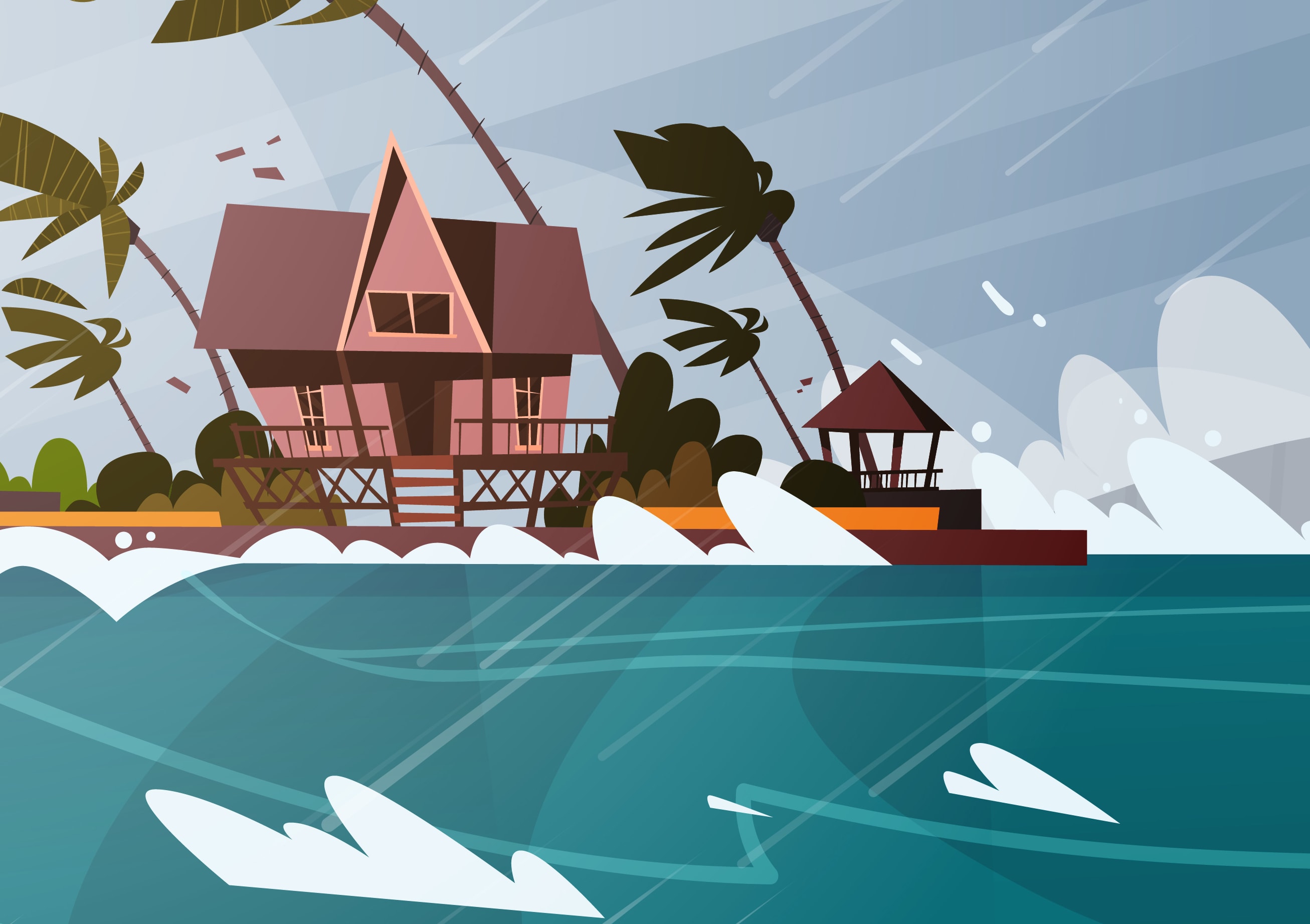 Tornado Incoming From Sea Hurricane In Ocean Huge Waves On Houses On Coast Tropical Natural Disaster Concept Flat Vector Illustration