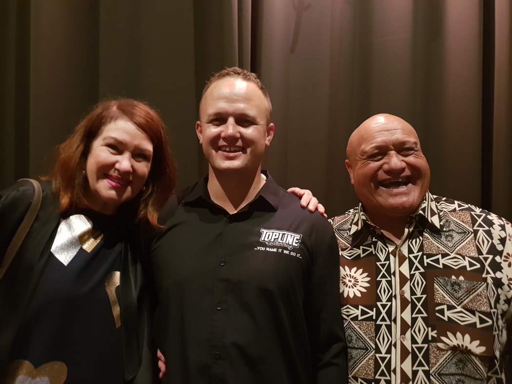 Hastings Mayor Sandra Hazlehurst, Taurus Taurima and Hastings District Councillor Henare O’Keefe celebrate at the ceremony last night.