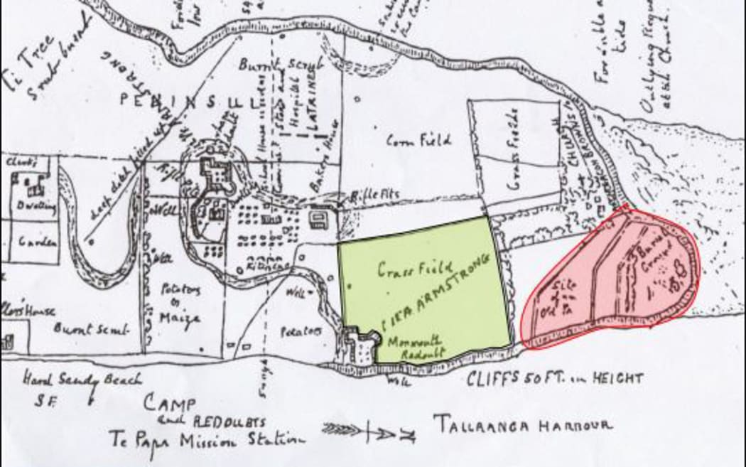 A military sketch plan from 1864 shows
land use at Te Papa including the remains of Otamataha Pa (highlighted red).