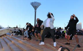 A haka was performed in Civic Square before the march to Parliament and protesters were asked to take a knee on 14 June, 2020.