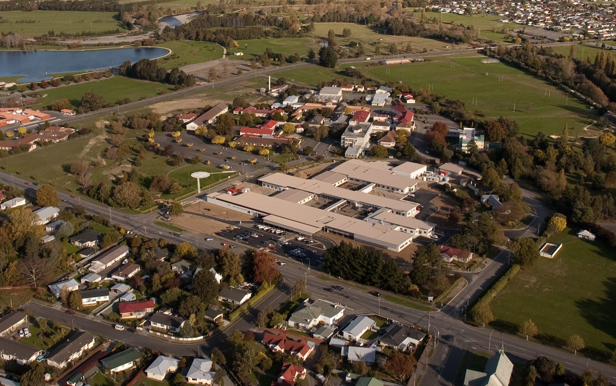 Aerial view of Masterton, including rural hospital.