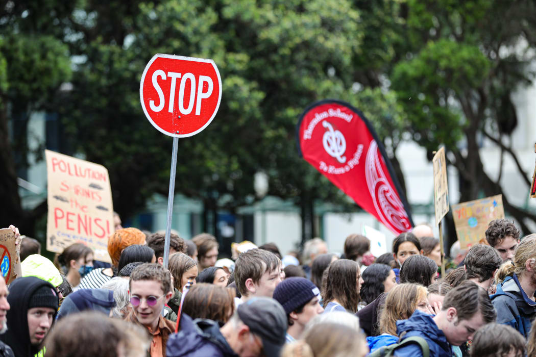 "Stop" Adapted road sign at the Climate Strike, Parliament 9 April 2021