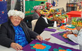 Tivaevae expert Tukua Turia and some of the mama's from her Creative Polynesian Arts Mamas group at one of the free workshops in Mangere, teaching the community how to create tivaevae and ‘ei katu.