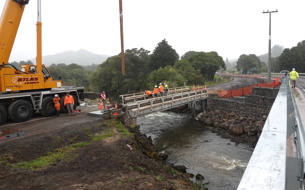 The old Pokapu Bridge, which has been blamed for worsening flooding in Ōtiria and Moerewa, as seen from the new bridge.