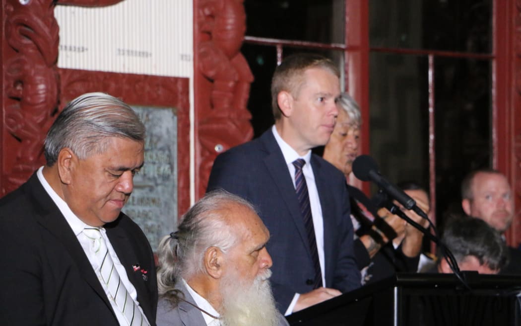 Prime Minister Chris Hipkins speaking at the Waitangi dawn service.